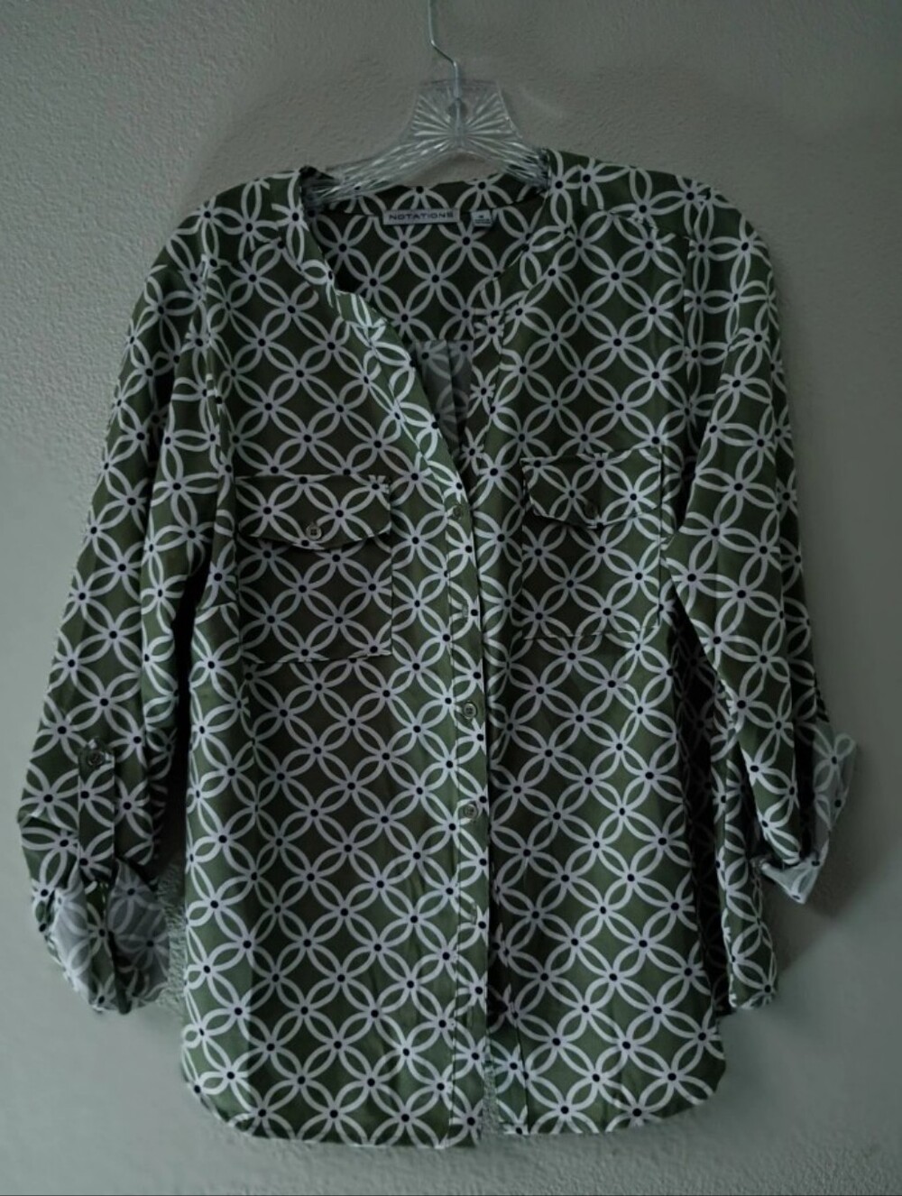 Notations Women's Olive Green Long Sleeve V Neck Button Down Blouse.